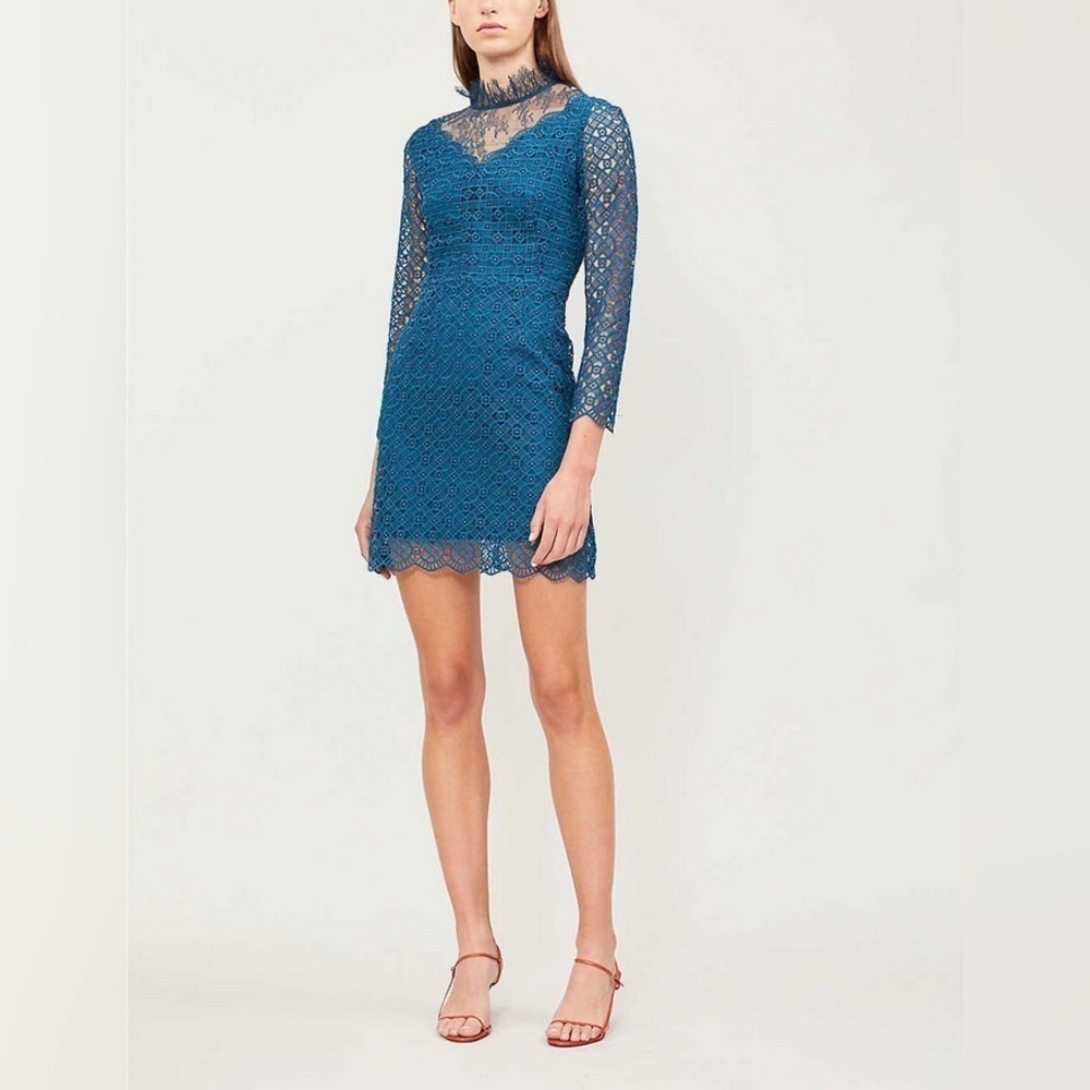 Sandro Paris Bartsie High Neck Blue Crochet Lace Mini Cocktail Dress Medium FR40